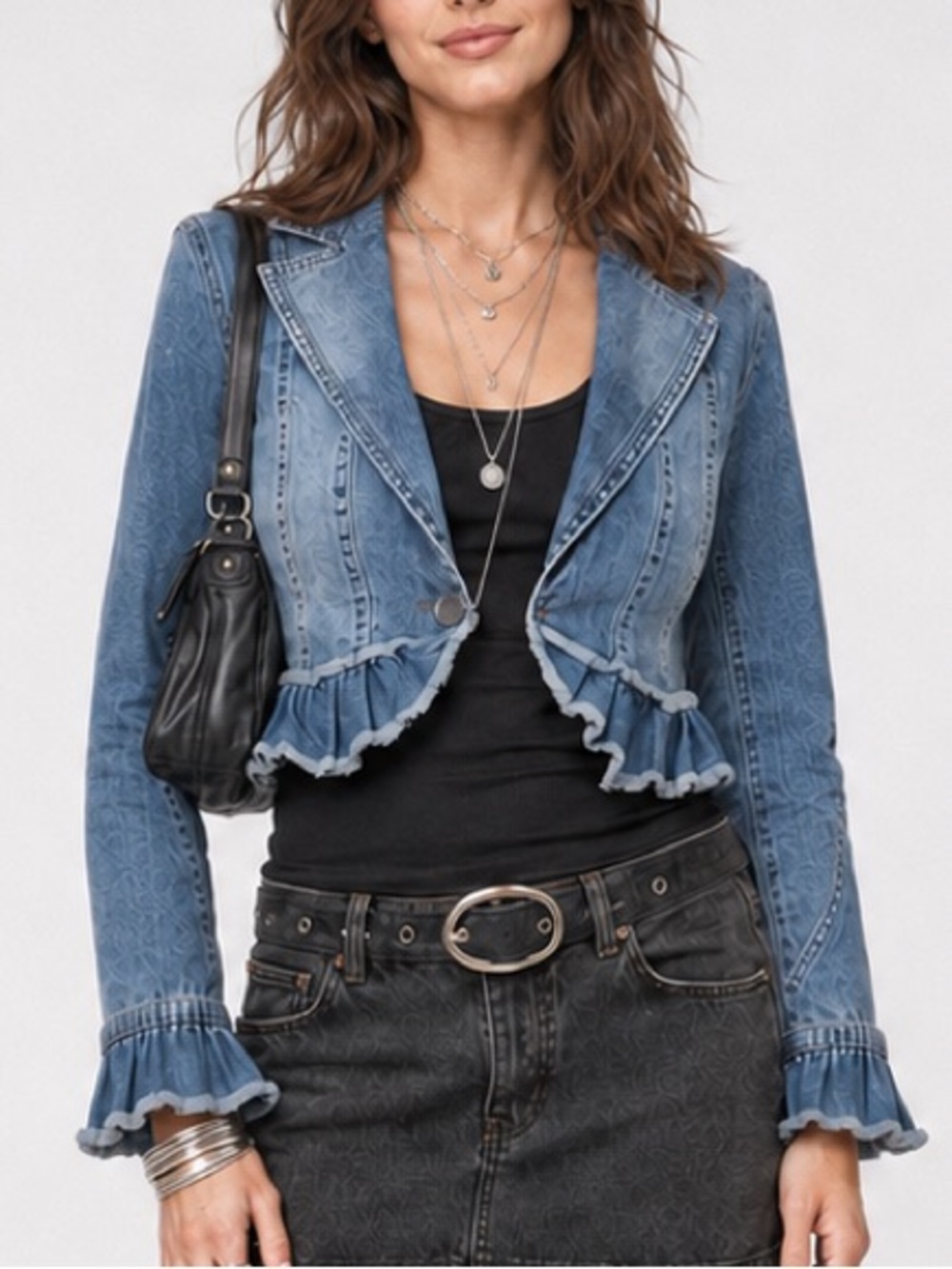 Mixit Vintage Y2K Cropped Denim Jean Jacket Coquette Ruffle Hem Medium